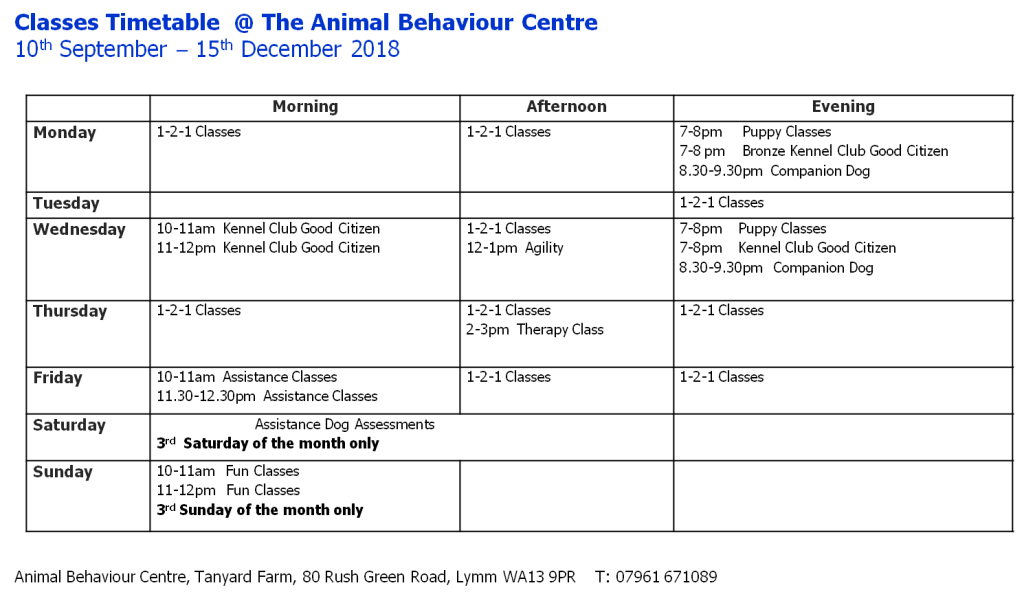 Class timetable Sept to Dec 2018 without logo